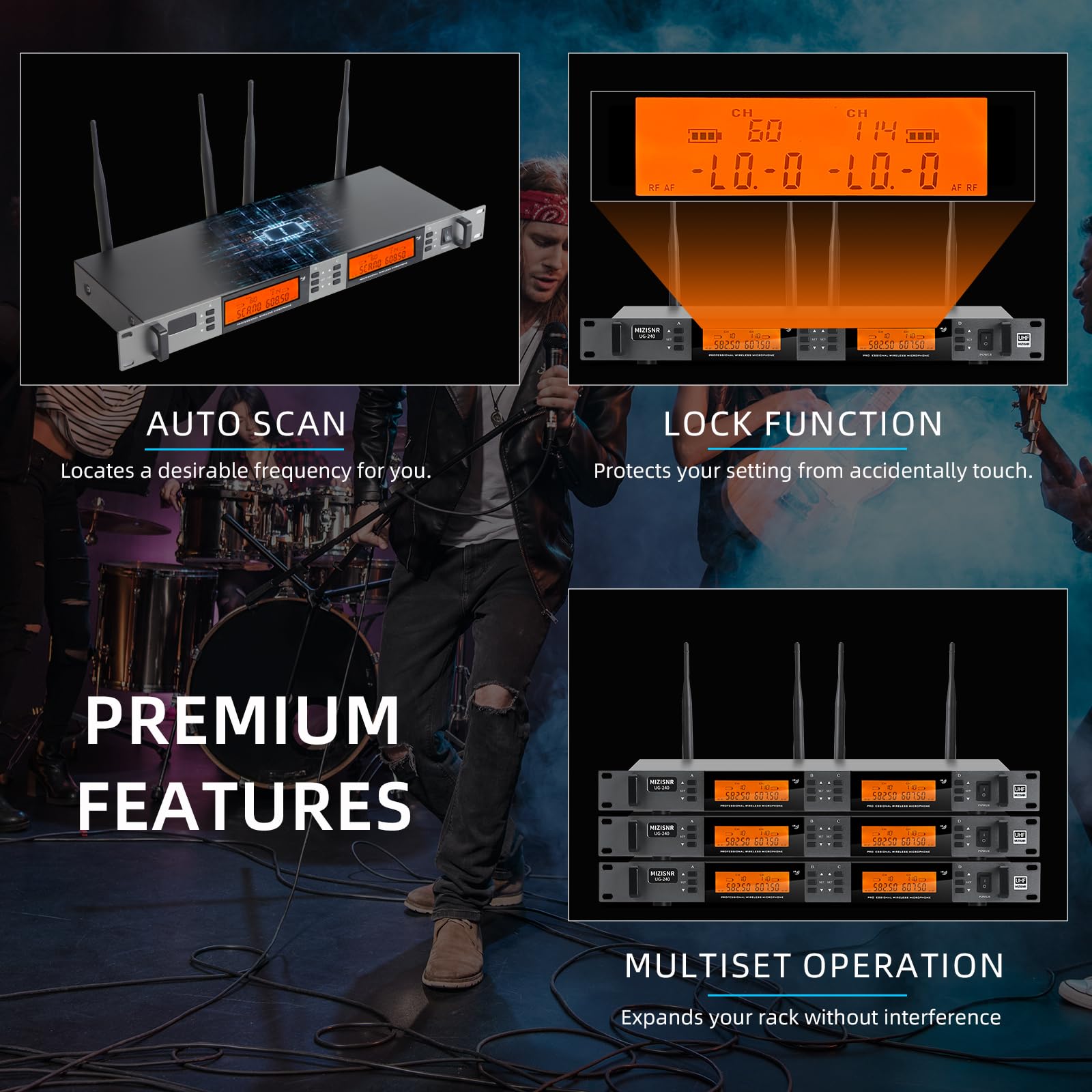 MIZISNR 4 Channel Wireless Lapel Microphone System, UHF Metal Receiver Headset Lavalier Mics Set with 4x100 Adjustable Frequency